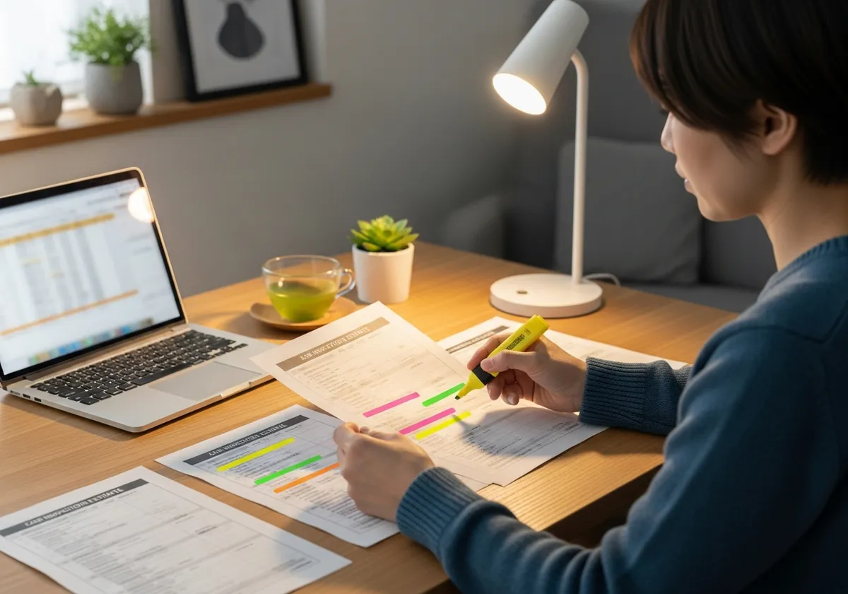 車検見積書の項目を見比べているイメージ