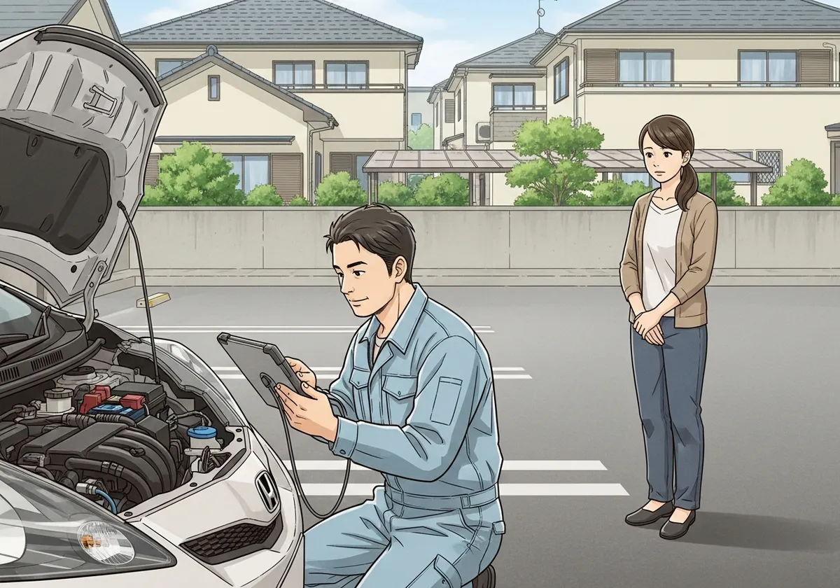 自宅駐車場で始動不良の診断を行う整備士