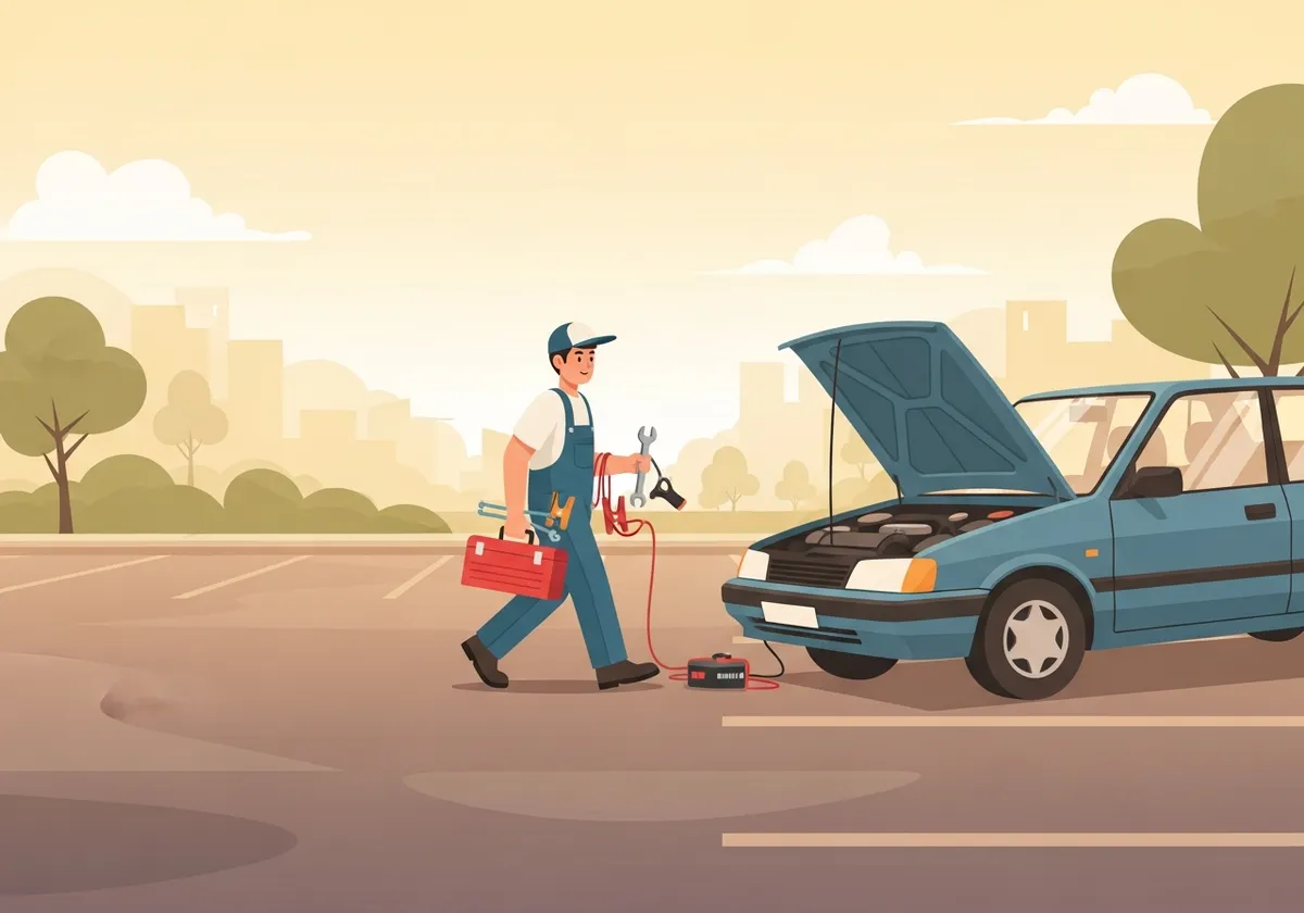 動かせない車に出張するイラスト