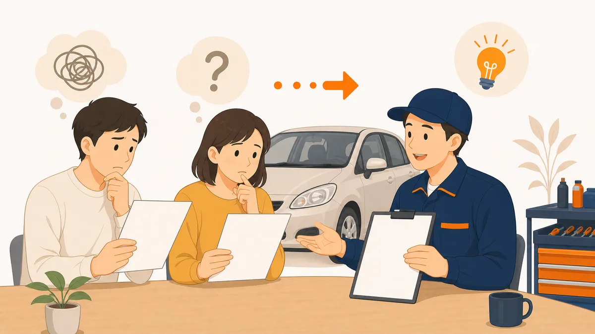 車検見積もりの金額を見て困惑する車オーナーのイラスト