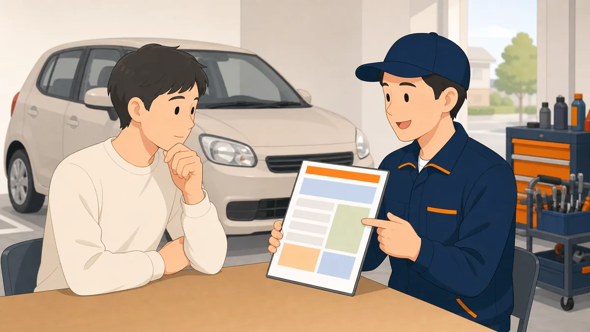 セカンドオピニオンとして他店の整備士に見積もりを確認してもらうイラスト
