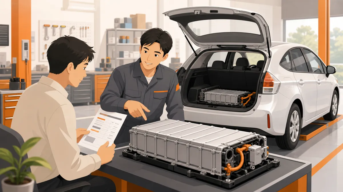 HVバッテリー交換費用について整備士に相談するイラスト