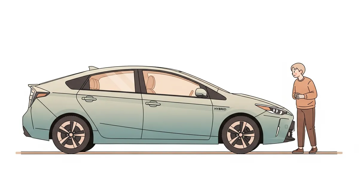 路肩に安全停車したハイブリッド車とドライバーのイラスト