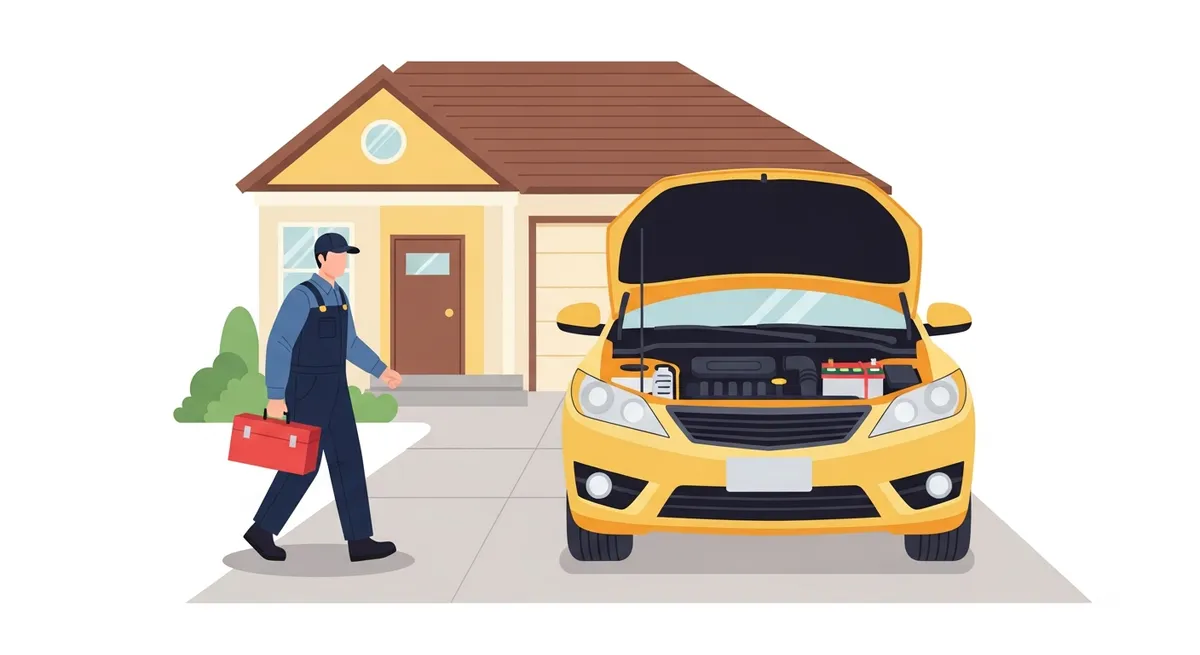 動かない車のそばで状況を確認する整備士