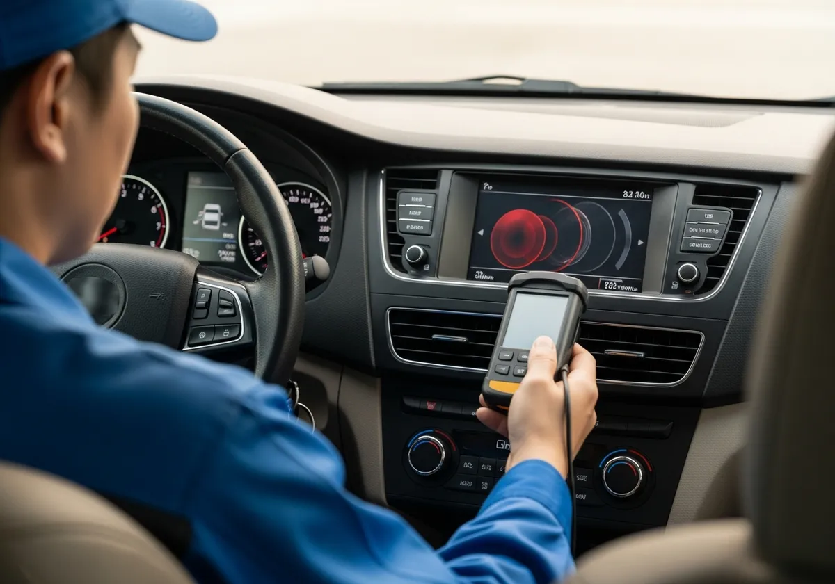 車の警告灯が点灯したメーターを整備士が診断するイメージ