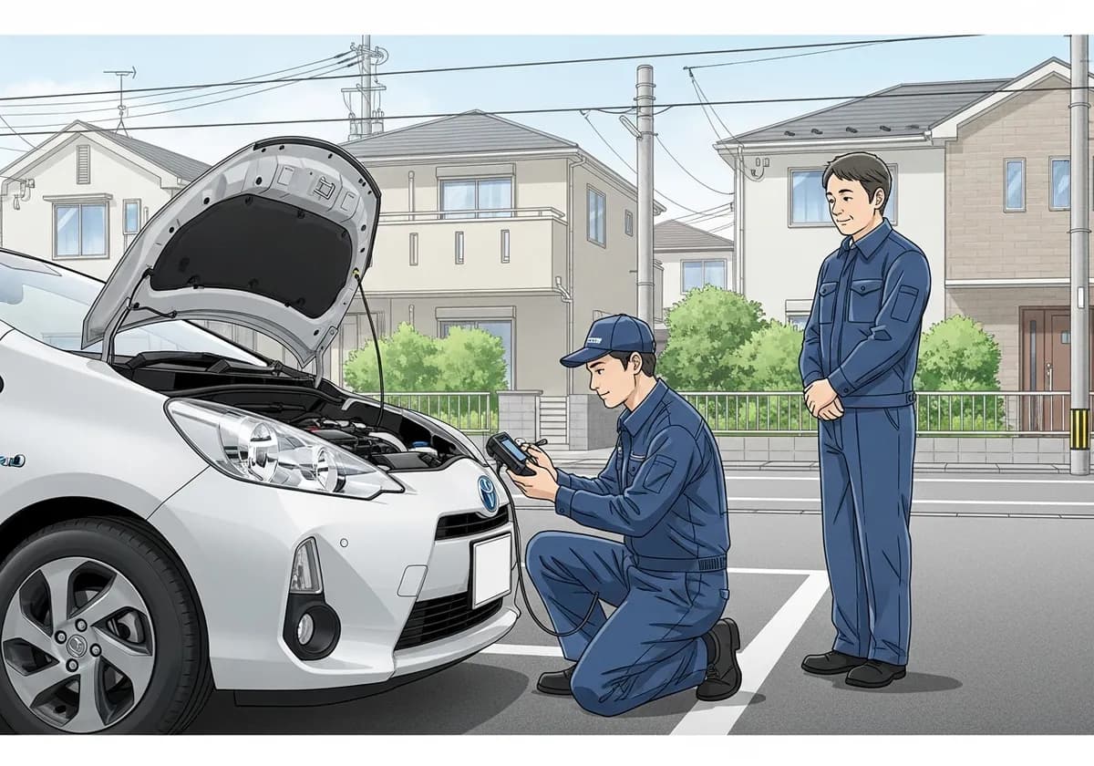 自宅駐車場でハイブリッド車の診断機チェックを行う整備士